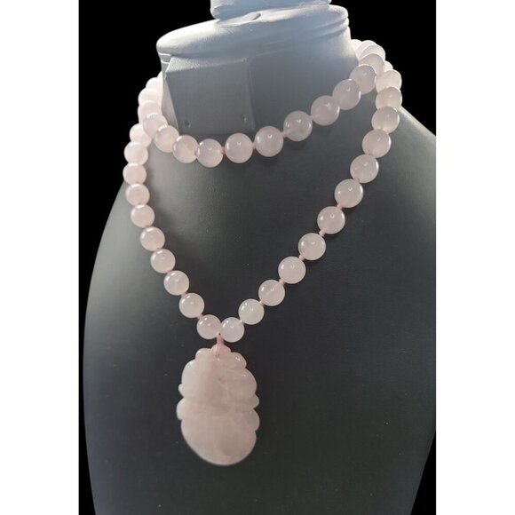 Chinese Rose Quartz Hand Knotted Mala Lotus Design Necklace 28" Vintage - Picture 7 of 16